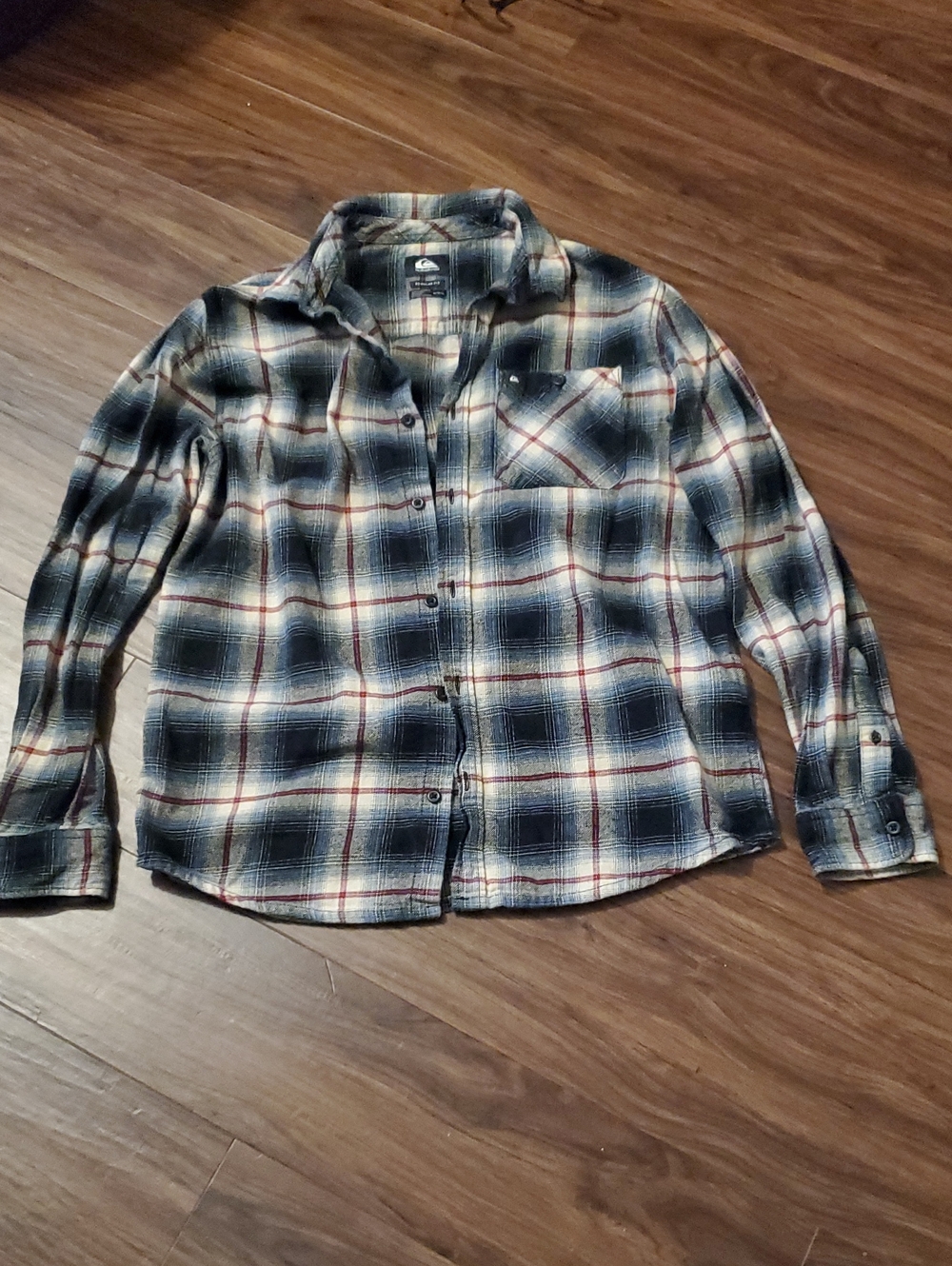 Quiksilver Navy, Cream and Red Plaid Long-Sleeve Button Down Shirt